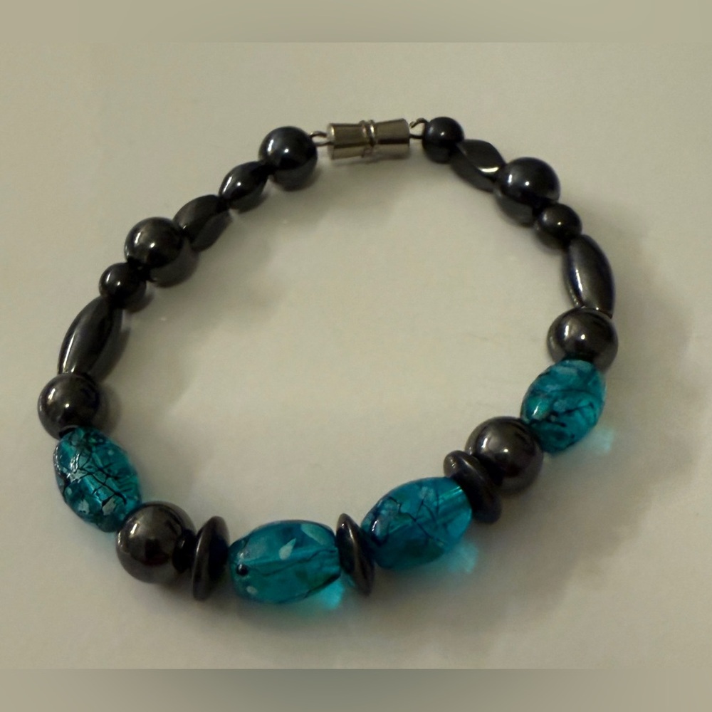 Handmade Hematite and Blue Crystal 8” Bracelet - Picture 2 of 8